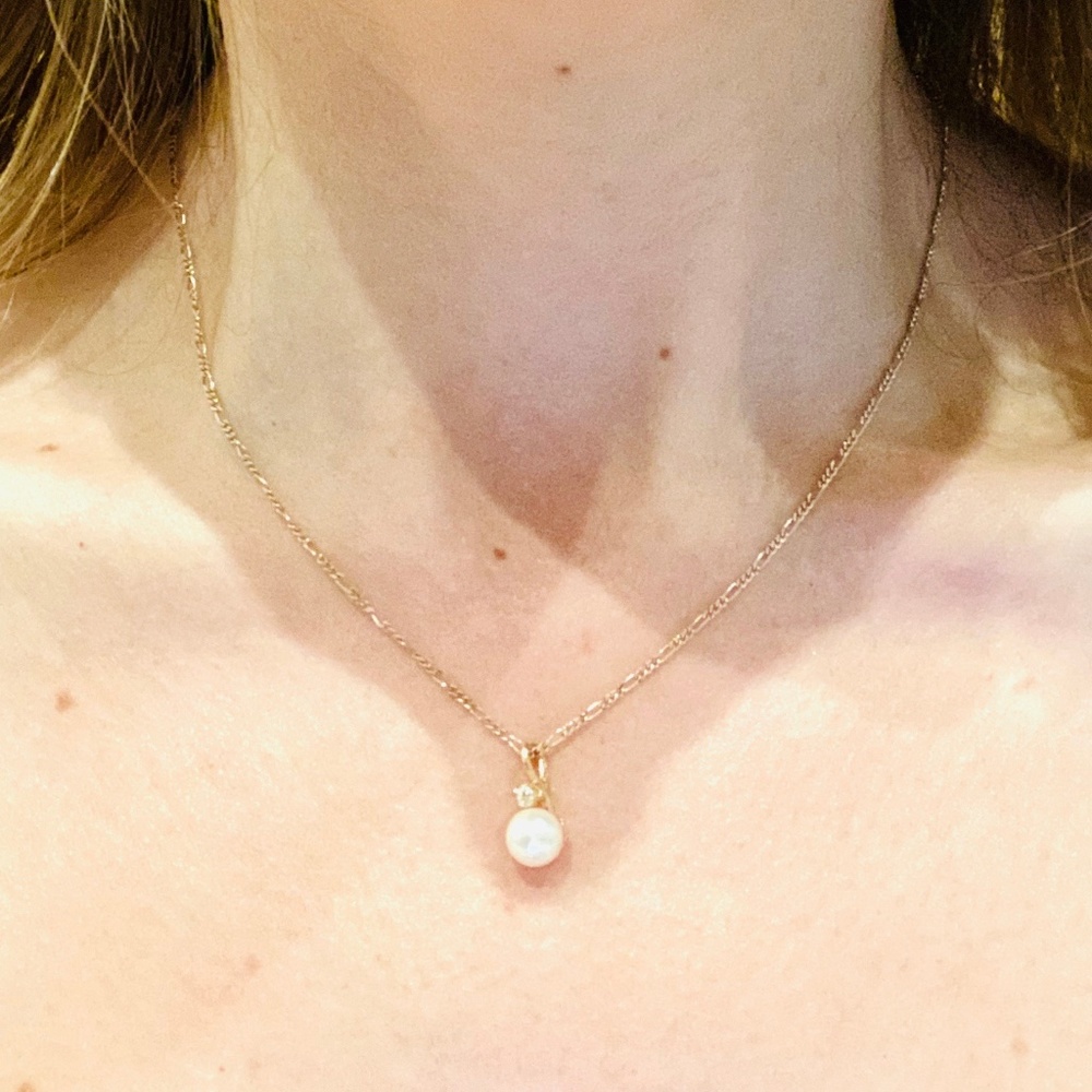 Vtg AJC Co 14K Gold Chain & Pearl/Diamond Pendant!